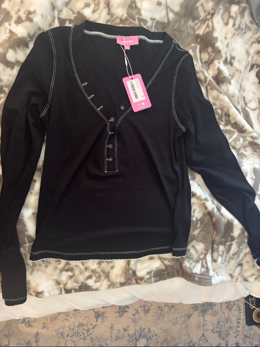 Edikted Black Long Sleeve Crop Henley Top with Contrast Stitching
